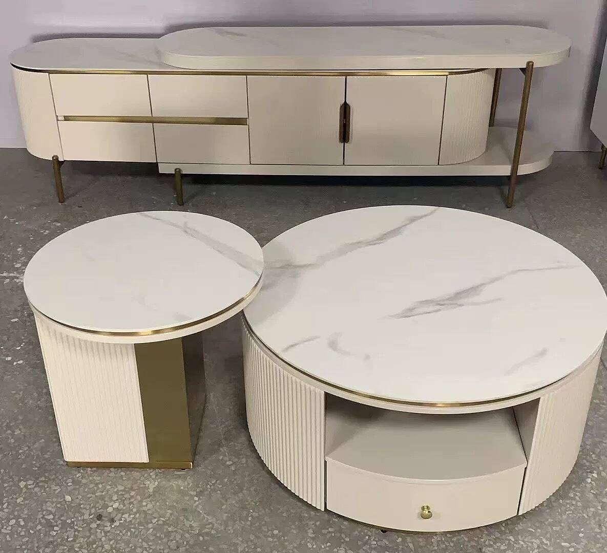 Mytures Modern Round Nesting Coffee Table with Storage White Sintered Stone Set of 2