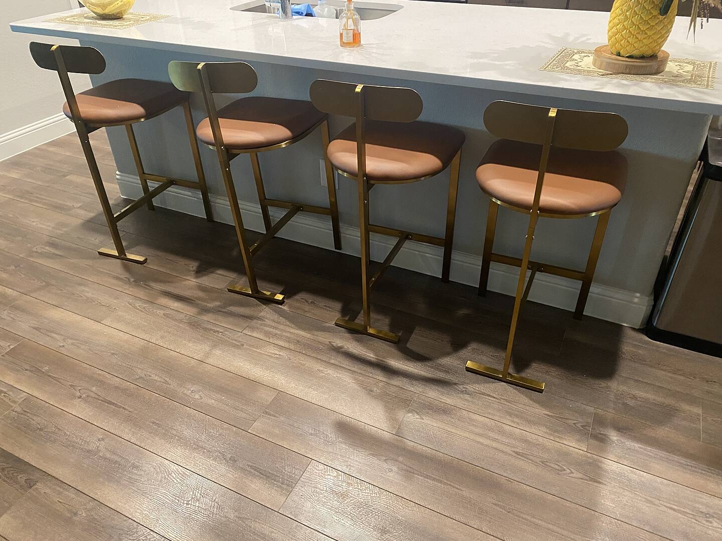 Modern PU Leather Brown Counter Stool with Back Kitchen Chair with Gold Base