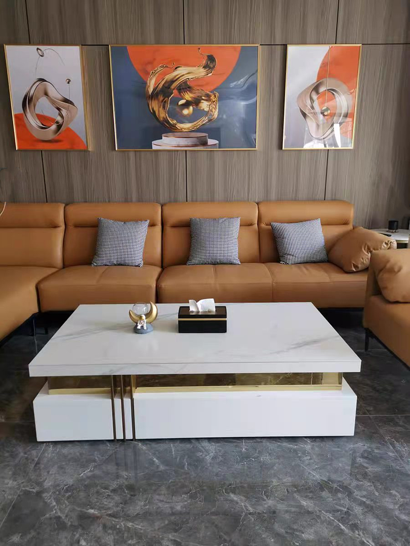 Trimied 43" Modern White Square Storage Coffee Table Stone Top with 4 Wood Drawers