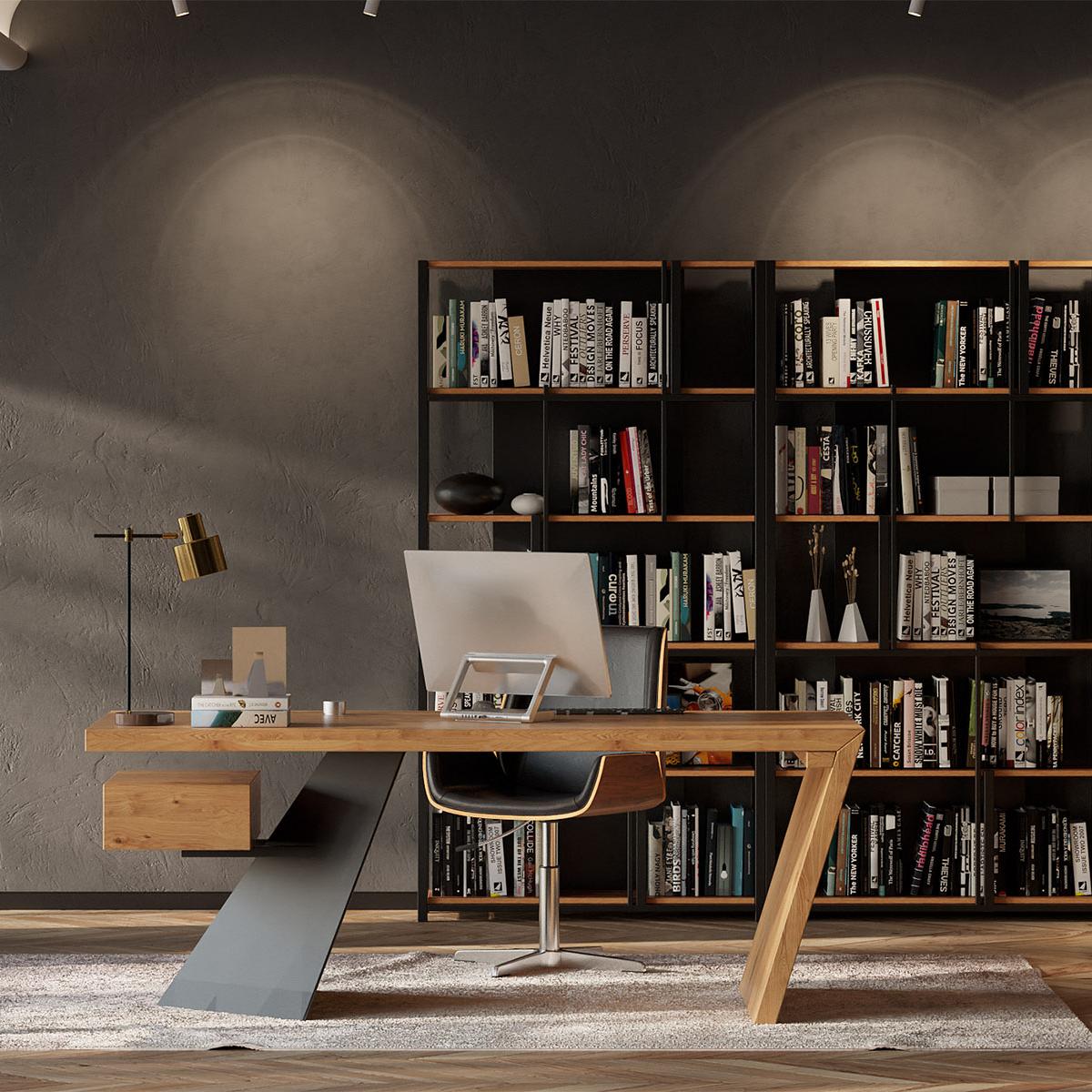 Modern pine wood straight desk with drawer, 140 cm executive desk window image