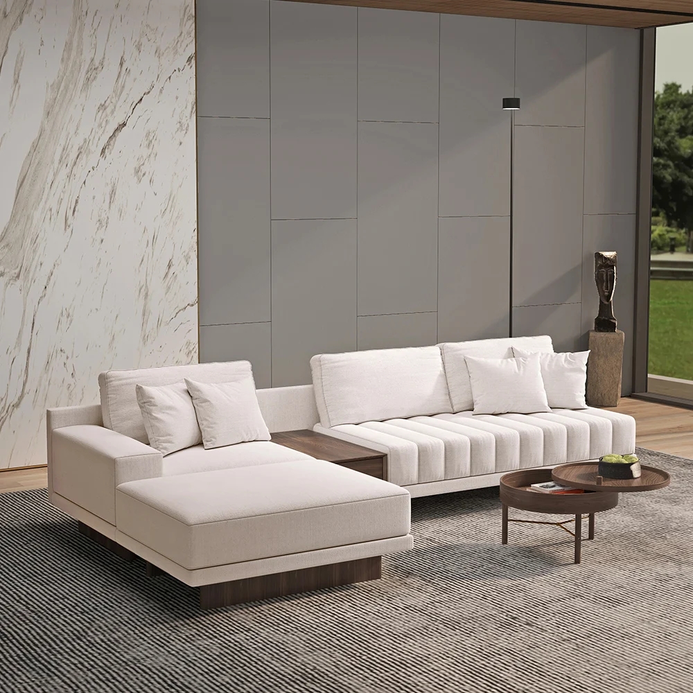 3200 mm L-Shaped Modular Cotton & Linen Sectional with Chaise & Ottoman