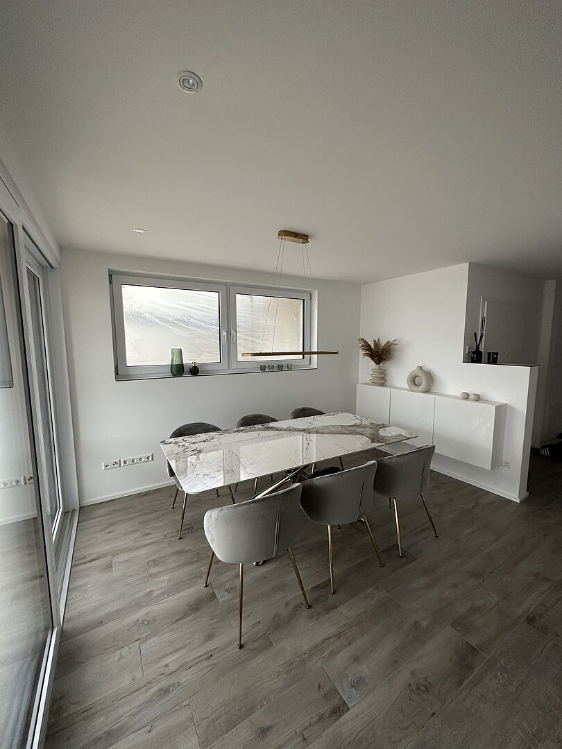 2000 mm moderne rechthoekige eettafel met stenen blad en roestvrijstalen schraag Uitgelichte afbeelding