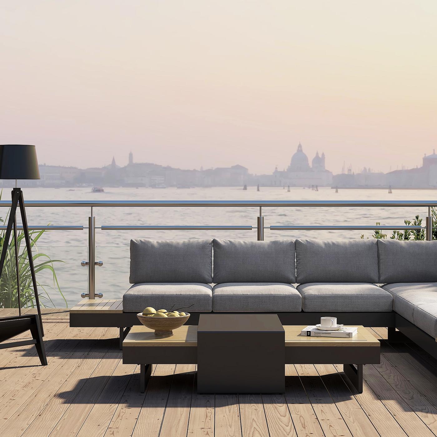 Axis 4-Pieces Modular Aluminum & Teak Outdoor Sofa Set for 6 Person in Gray window image