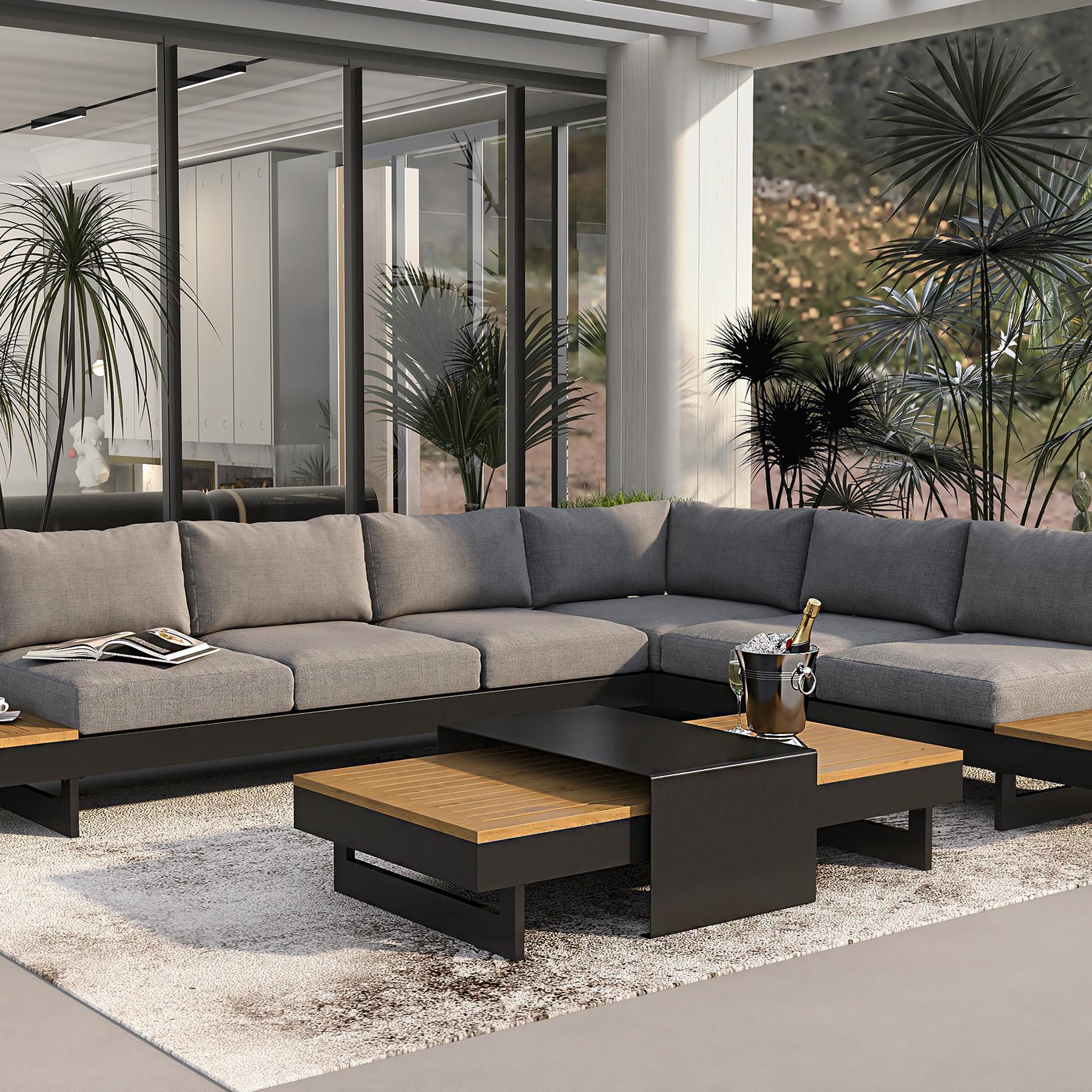 Axis 4-Pieces Modular Aluminum & Teak Outdoor Sofa Set for 6 Person in Gray window image