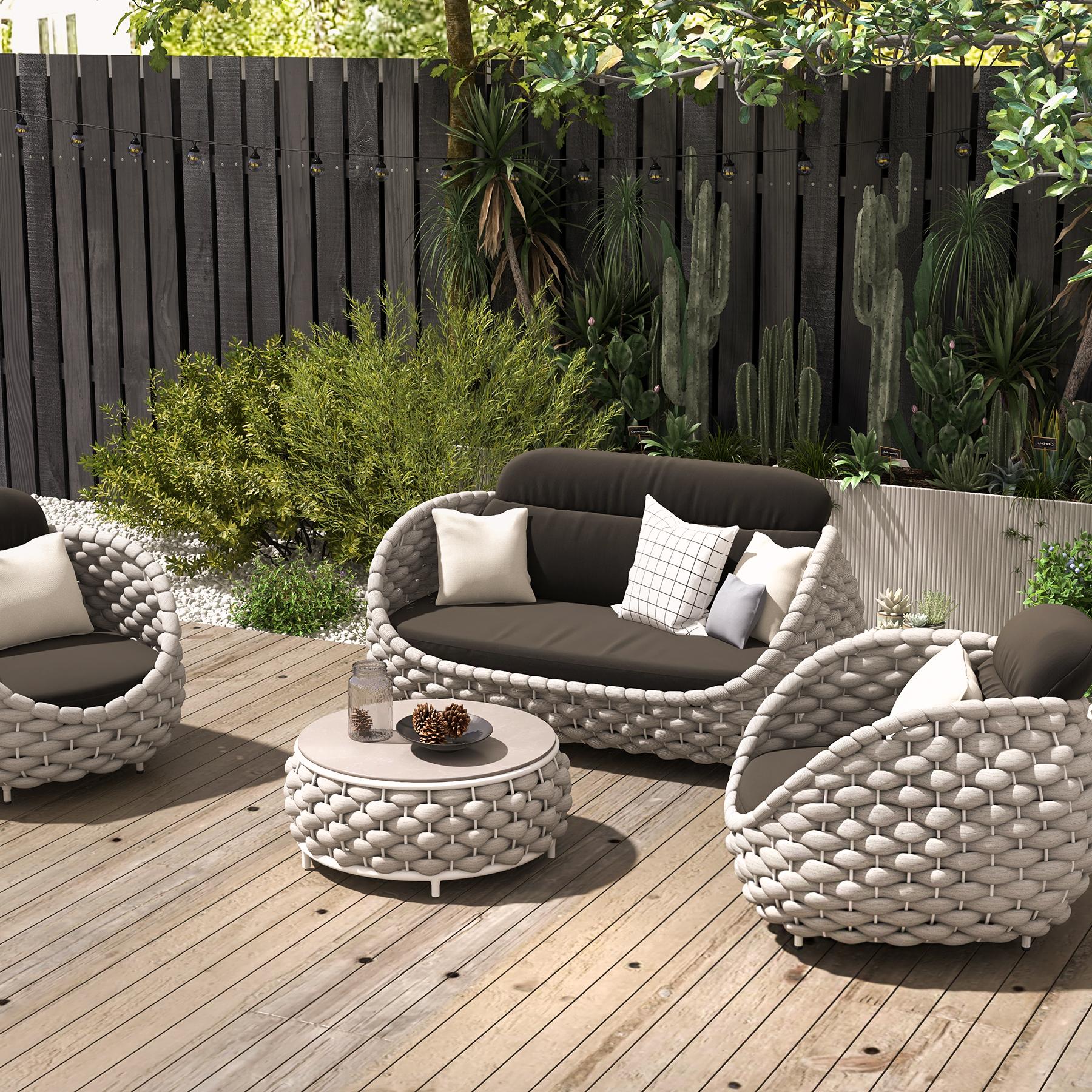 Tatta 4-Person Woven Rope Outdoor Sofa Set with Faux Marble Top Coffee Table window image