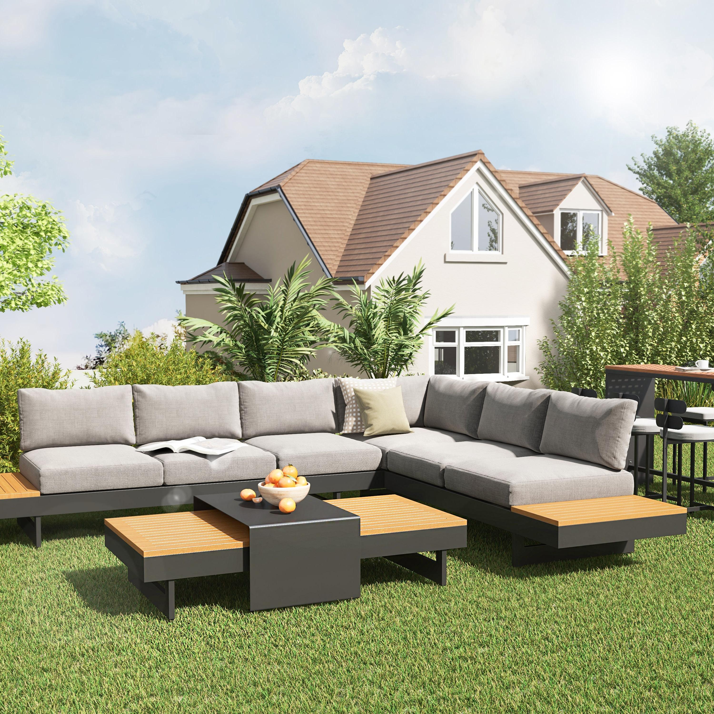 Axis 4-Pieces Modular Aluminum & Teak Outdoor Sofa Set for 6 Person in Gray window image