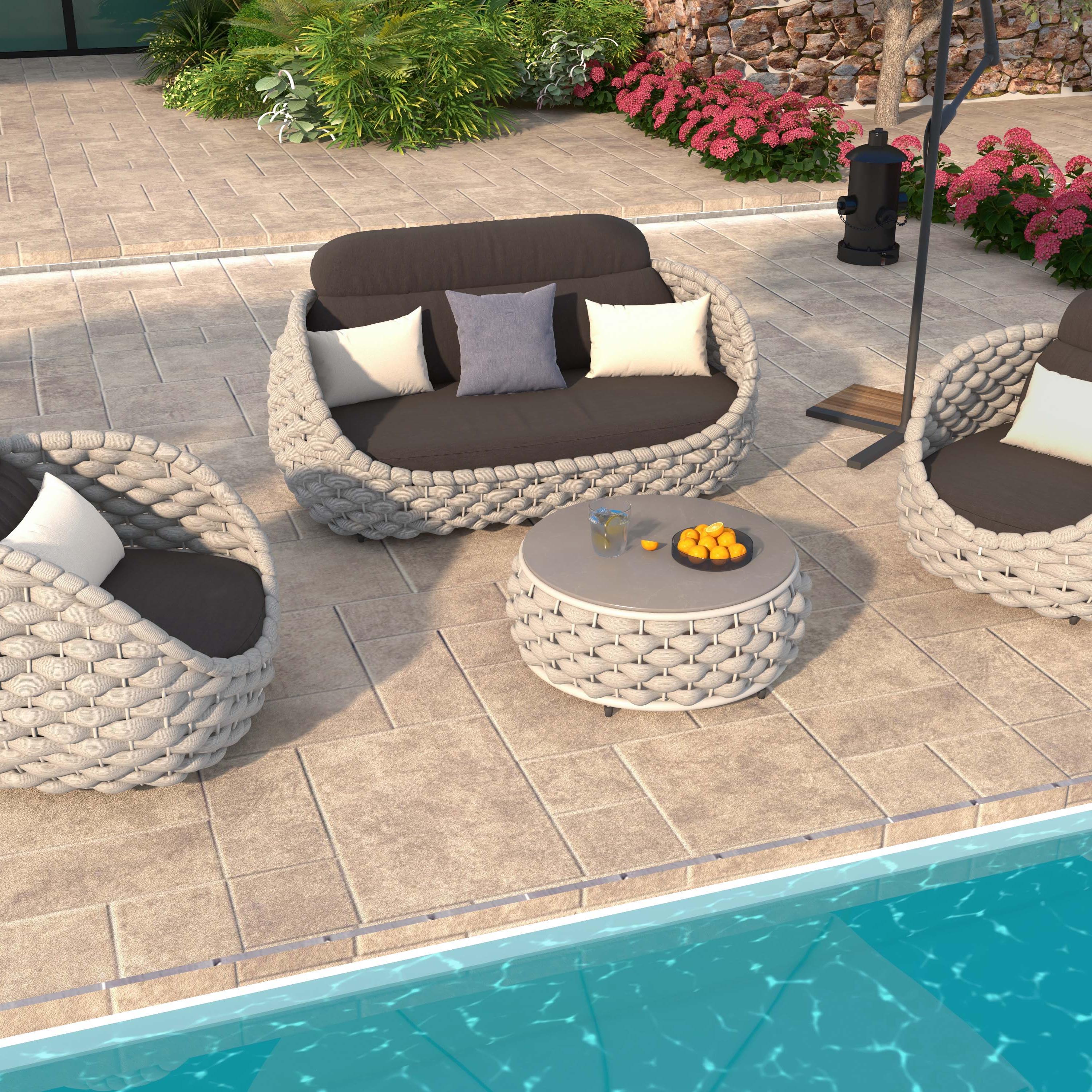 Tatta 4-Person Woven Rope Outdoor Sofa Set with Faux Marble Top Coffee Table window image