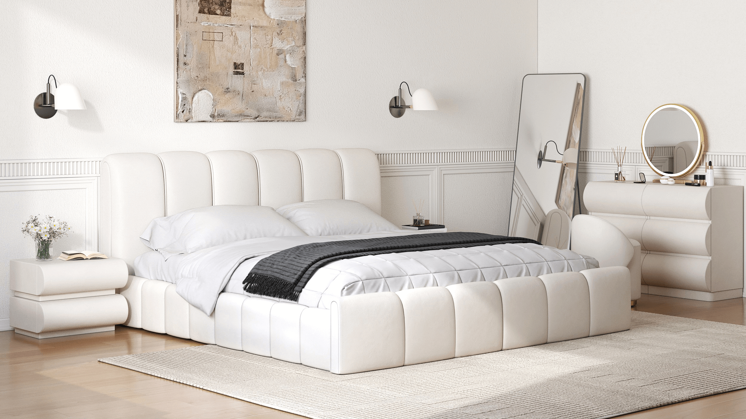 Des courbes douces dans une chambre blanche contemporaine