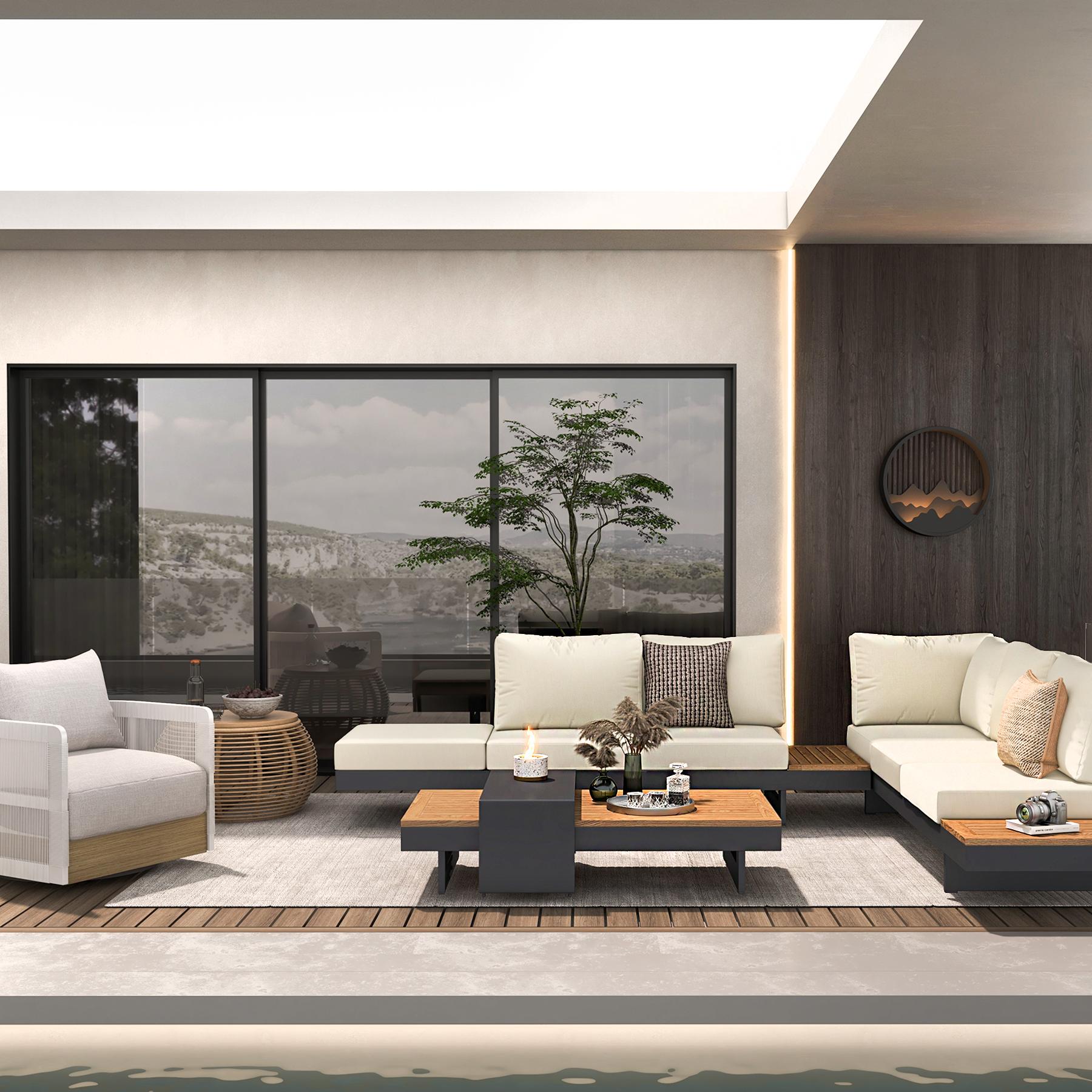 Axis 4-Pieces Modular Aluminum & Teak Outdoor Sofa Set for 6 Person in Beige window image