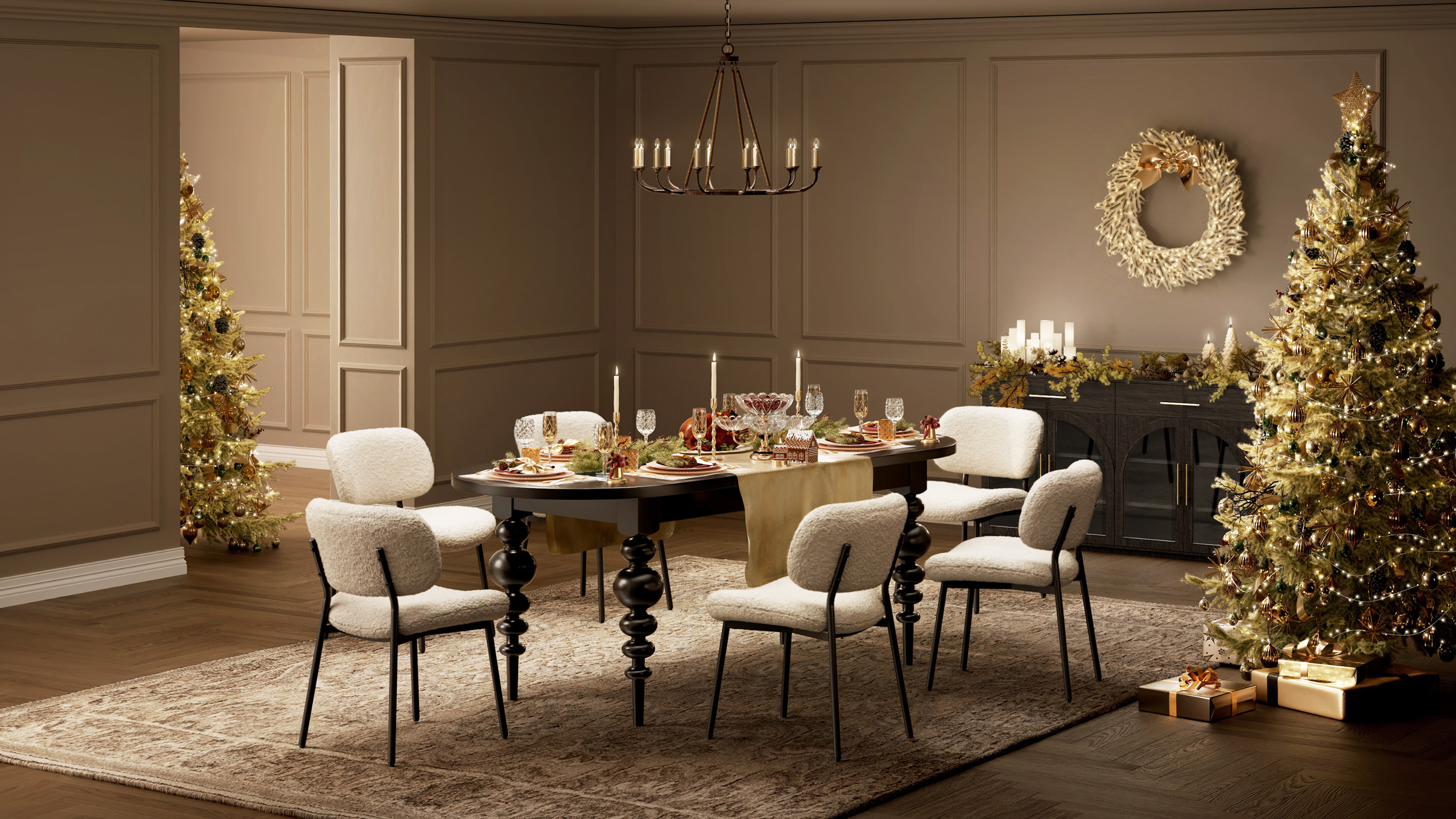 Warme walnoothouten eetkamer voor een gezellige kerstbijeenkomst