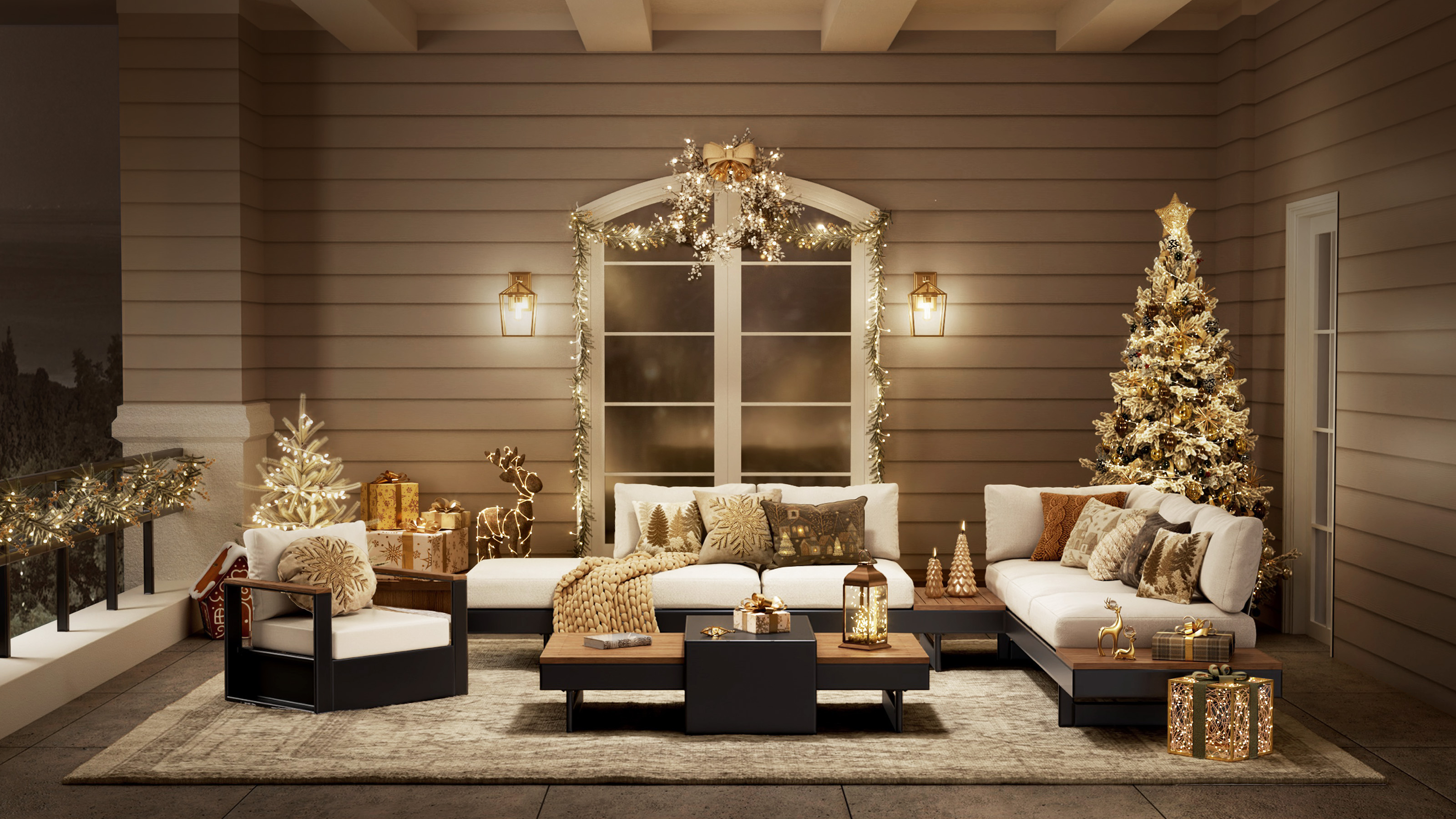Soft Warmth in a Festive Outdoor-Inspired Living Space