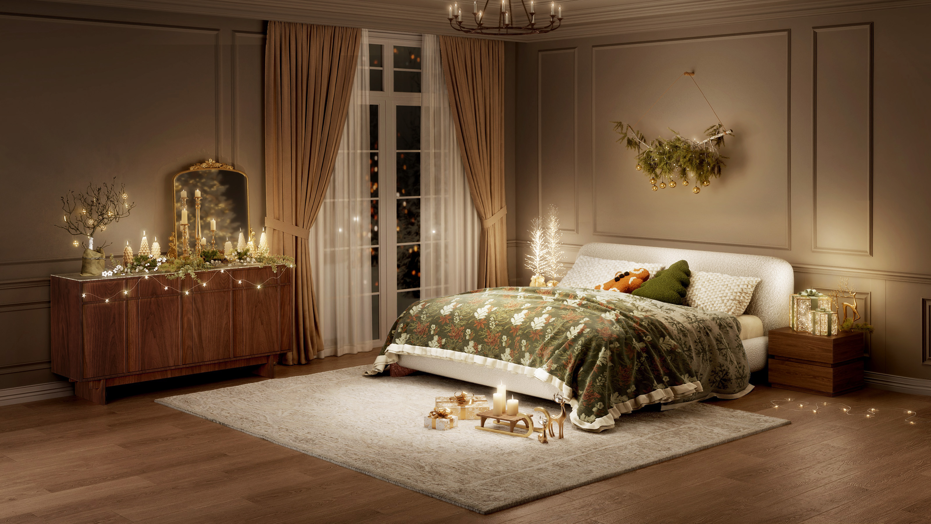 Soft Holiday Glow in a Modern Bedroom