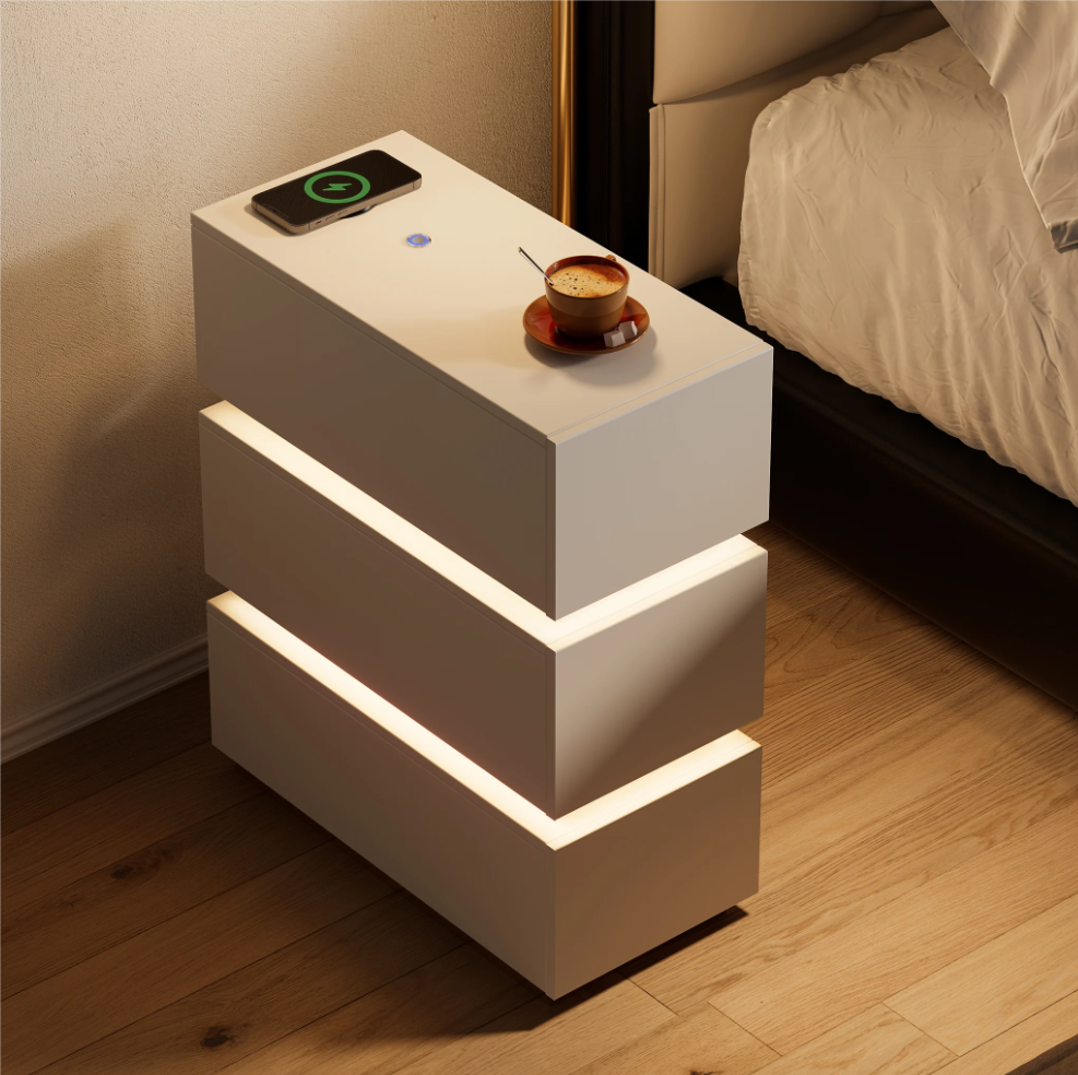 Lumio White 3-Drawer Narrow LED Nightstand with Charging Station