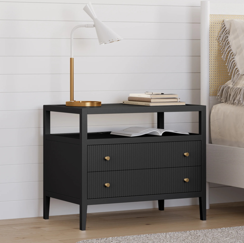 Stria Wide 2-Drawer Nightstand with Open Shelf & Charging Station, Set of 2