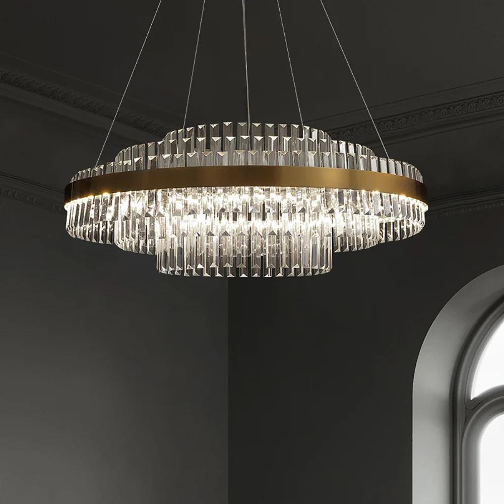 Fixedo Modern Tiered Crystal LED Chandelier in Brass Pendant Light