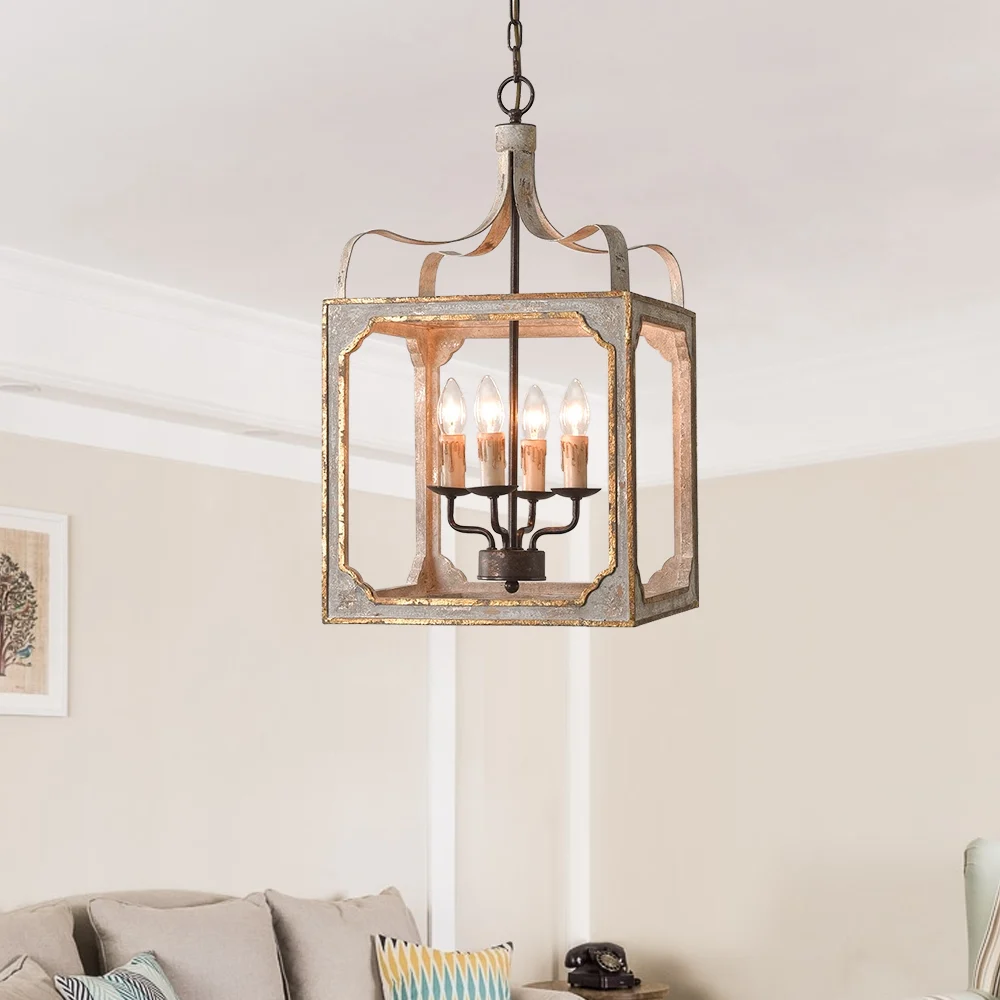 French 4-Light Lantern Chandelier in Antique Gray