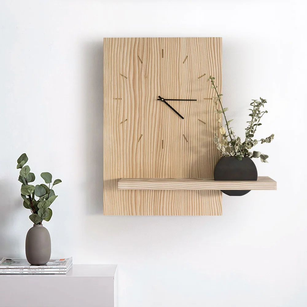 Japandi Natural Wood Rectangle Wall Clock with Black Vase