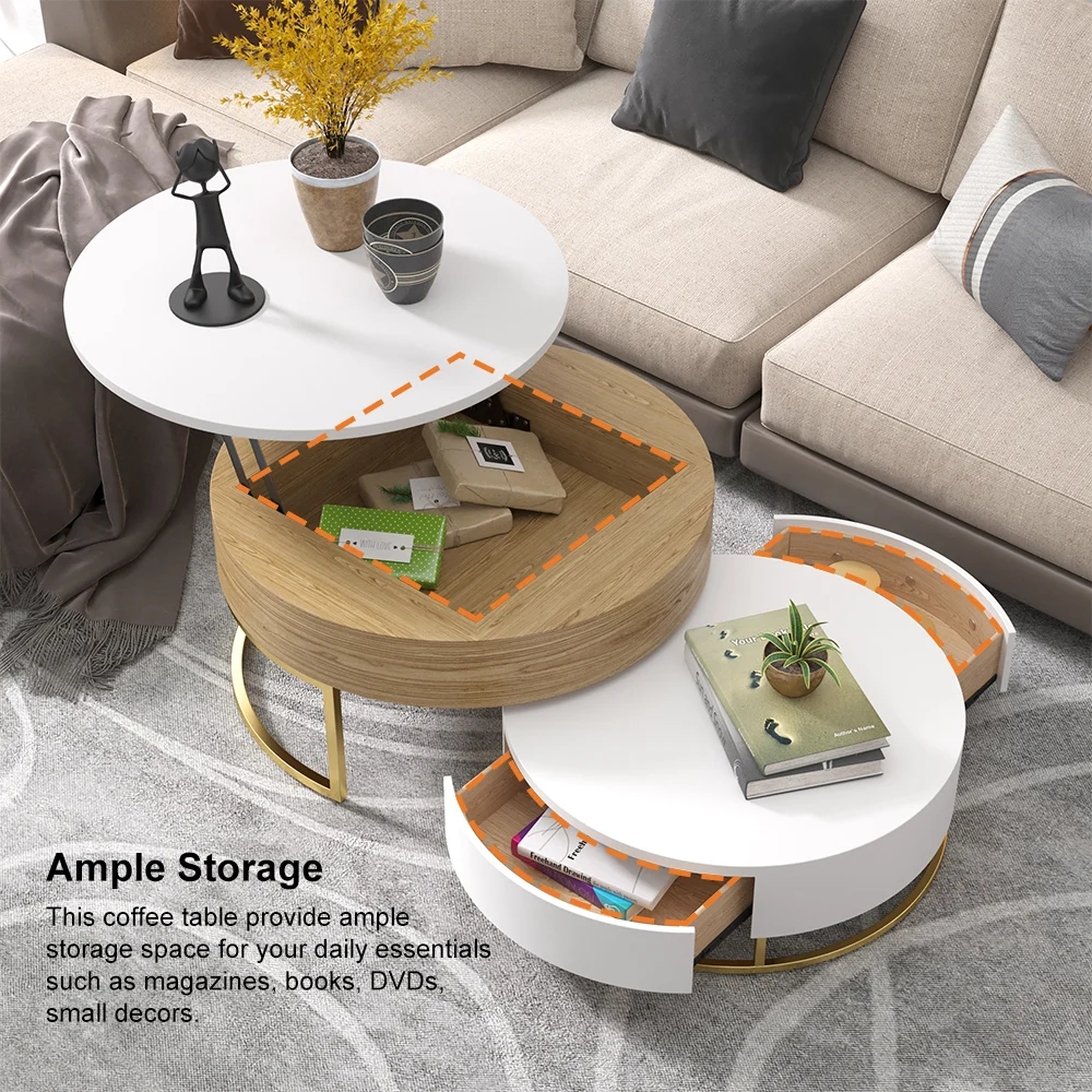 Modern Round Lift-top Nesting Wood Coffee Tables with 2 Drawers