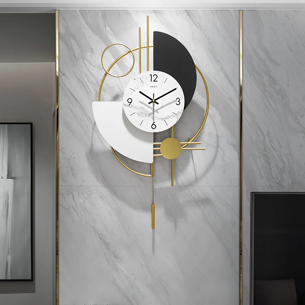Modern Round 3D Mute Metal Wall Clock with Gold Pendulum