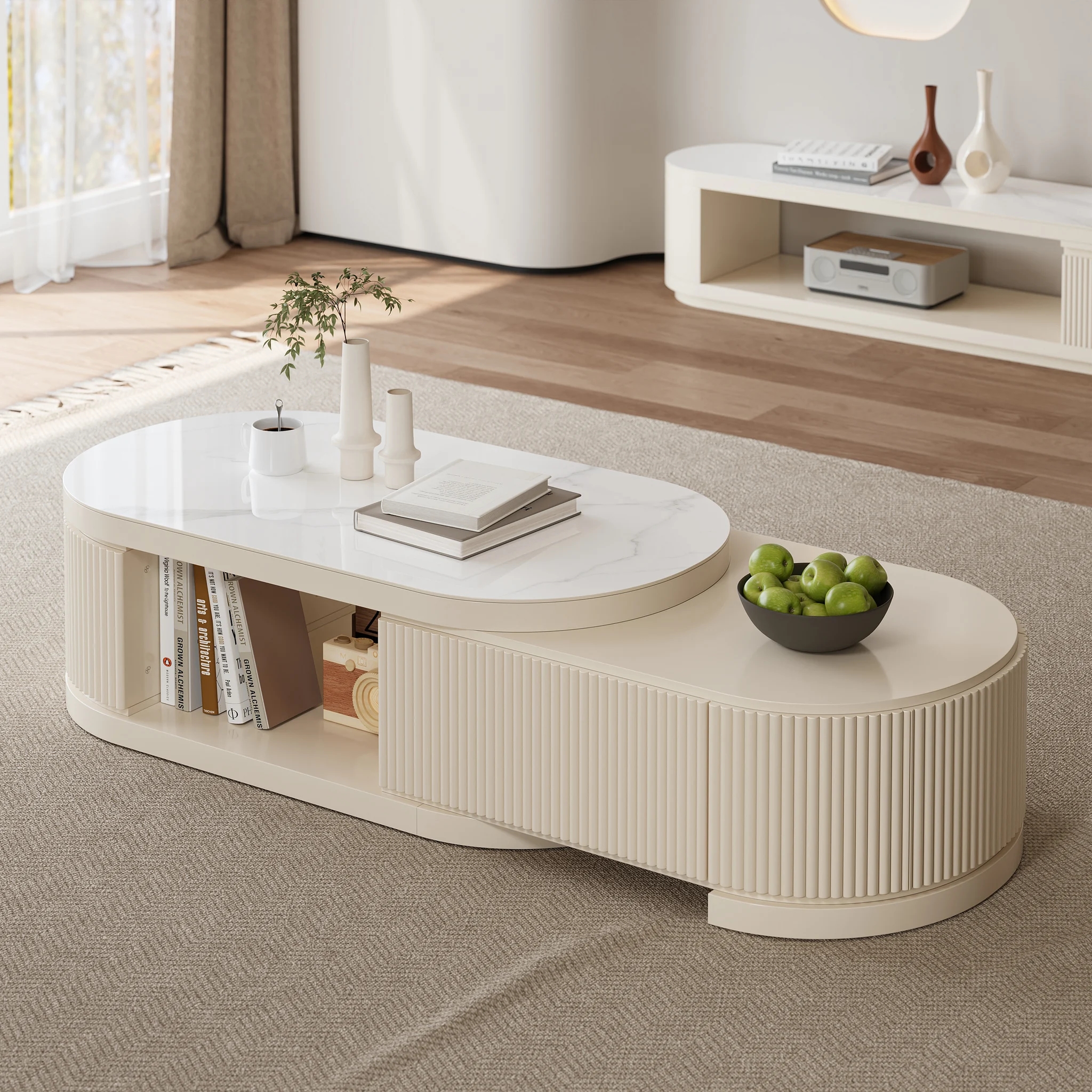 Extendable Sintered Stone Top Coffee Table with Storage