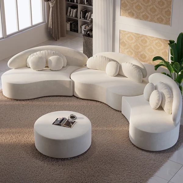 Curved Velvet Sectional Sofa with Ottoman & Pillows