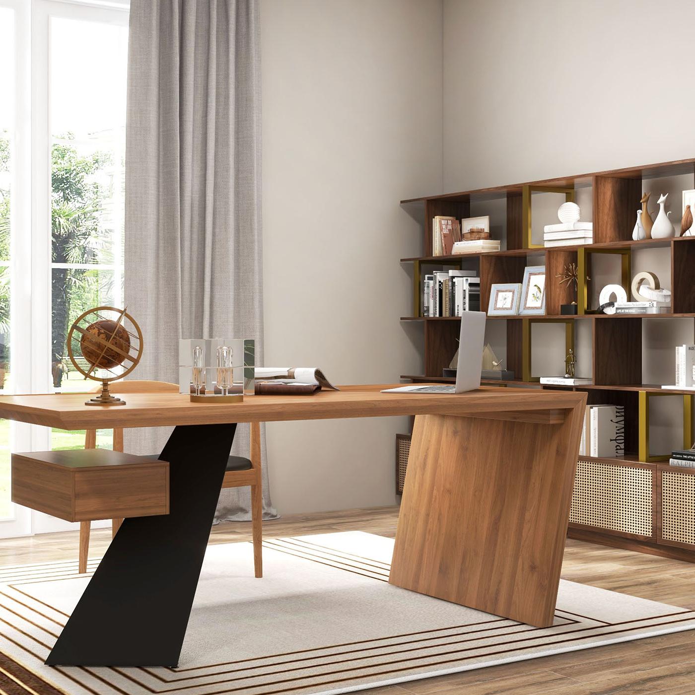 Modern pine wood straight desk with drawer, 160 cm executive desk window image