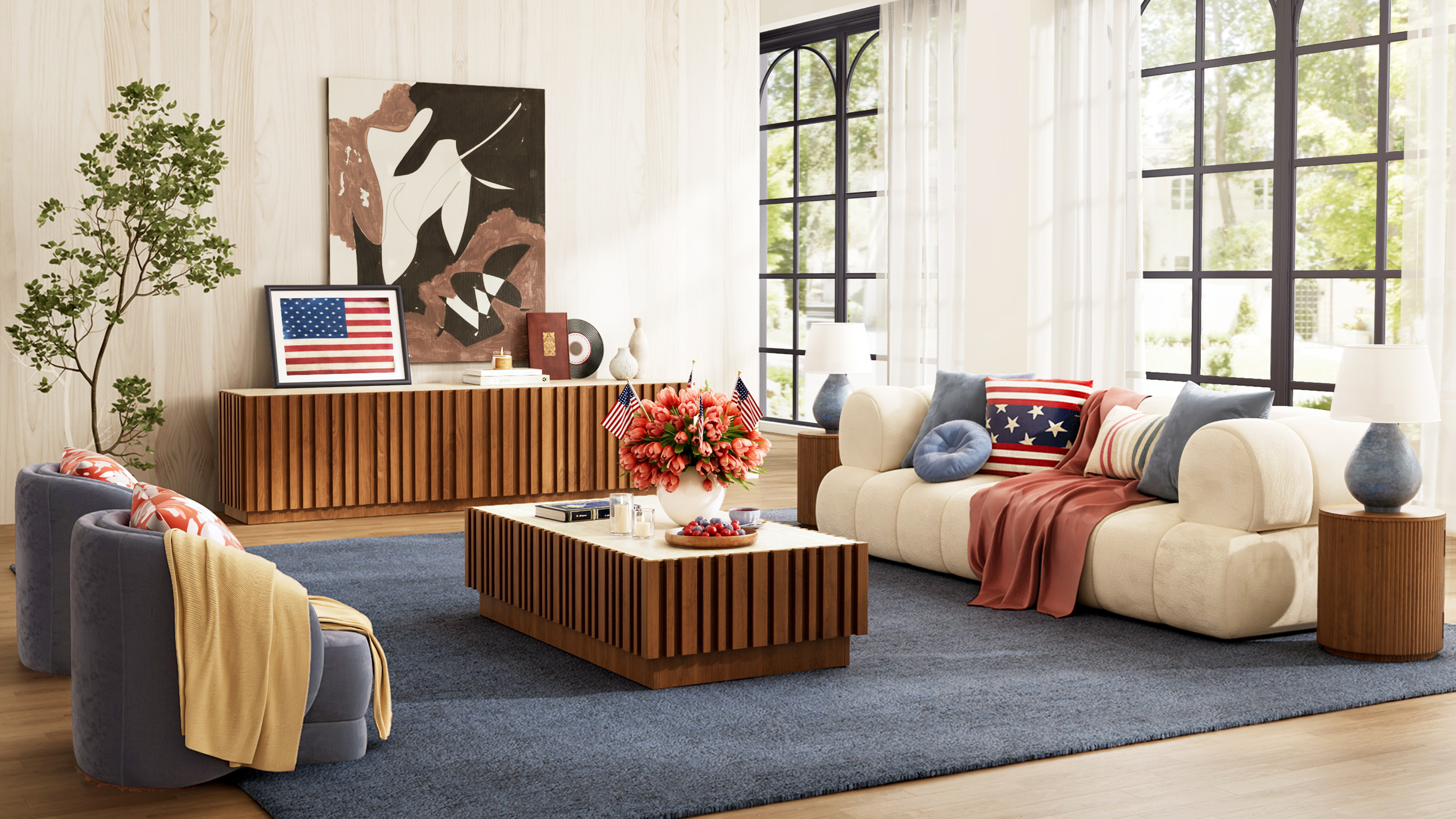 Salon moderne patriotique avec une touche de confort