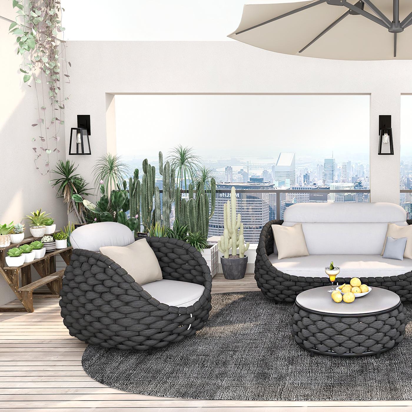 Cocaro 4-Piece Outdoor Rope Weave Sofa Set with Coffee Table in Dark Grey window image