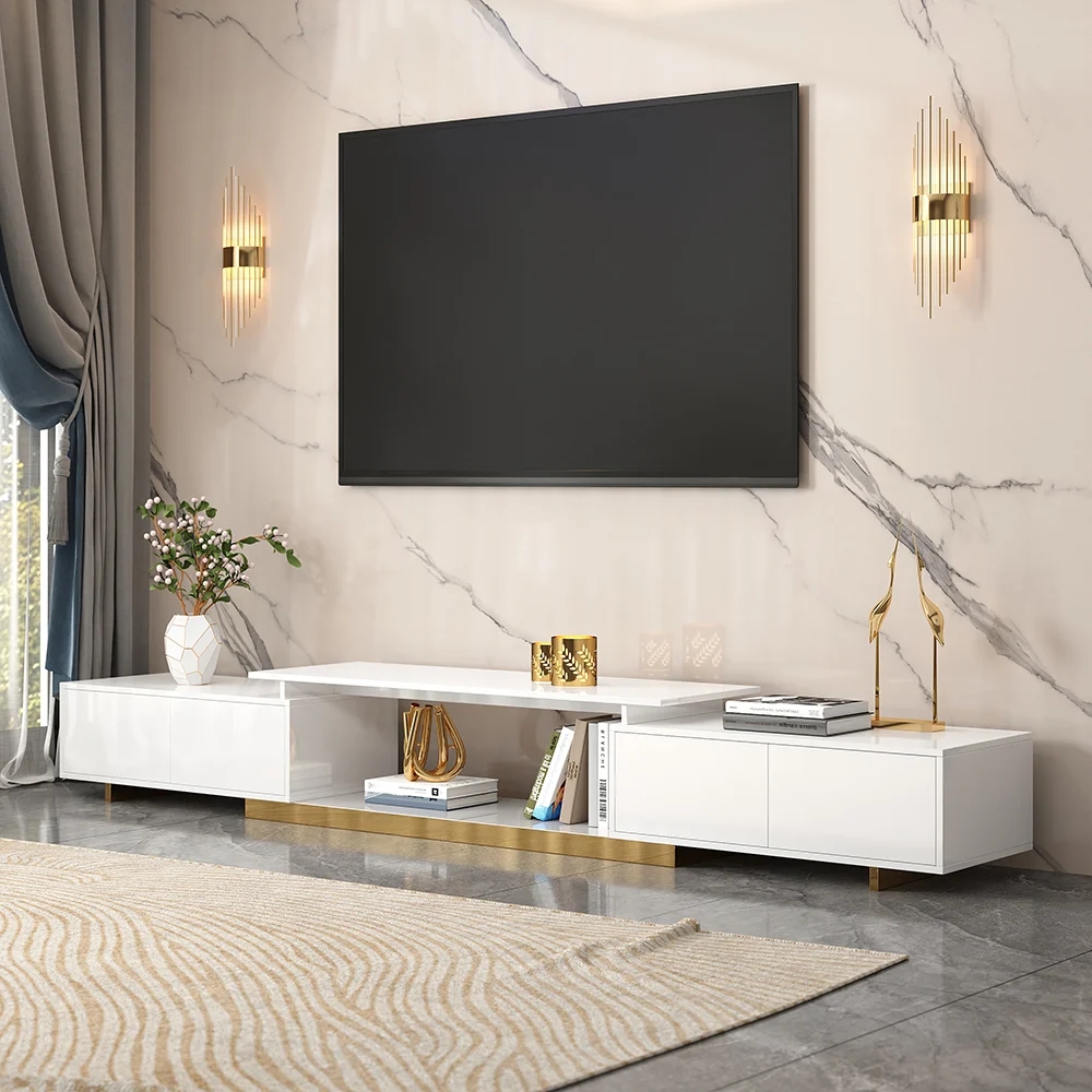 Extendable White TV Stand with Storage