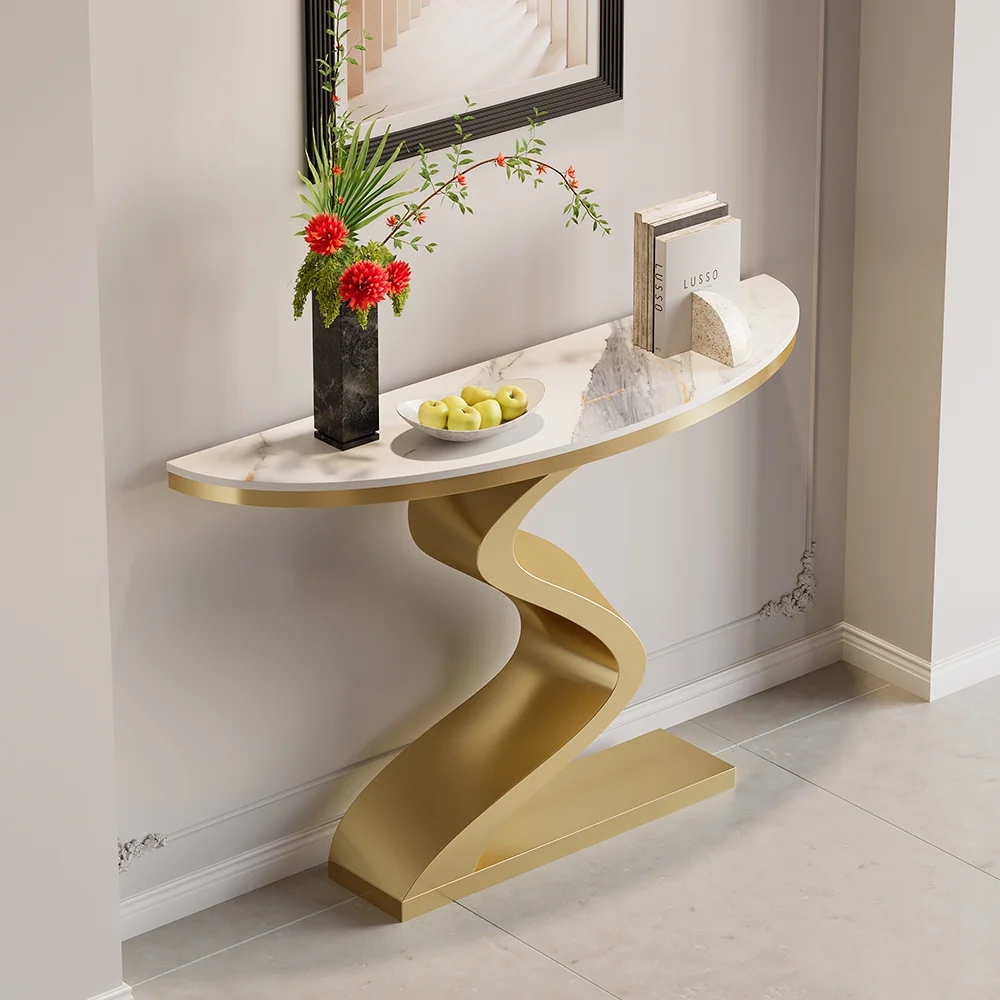 Modern 39" Demilune Console Table with White Sintered Stone Top