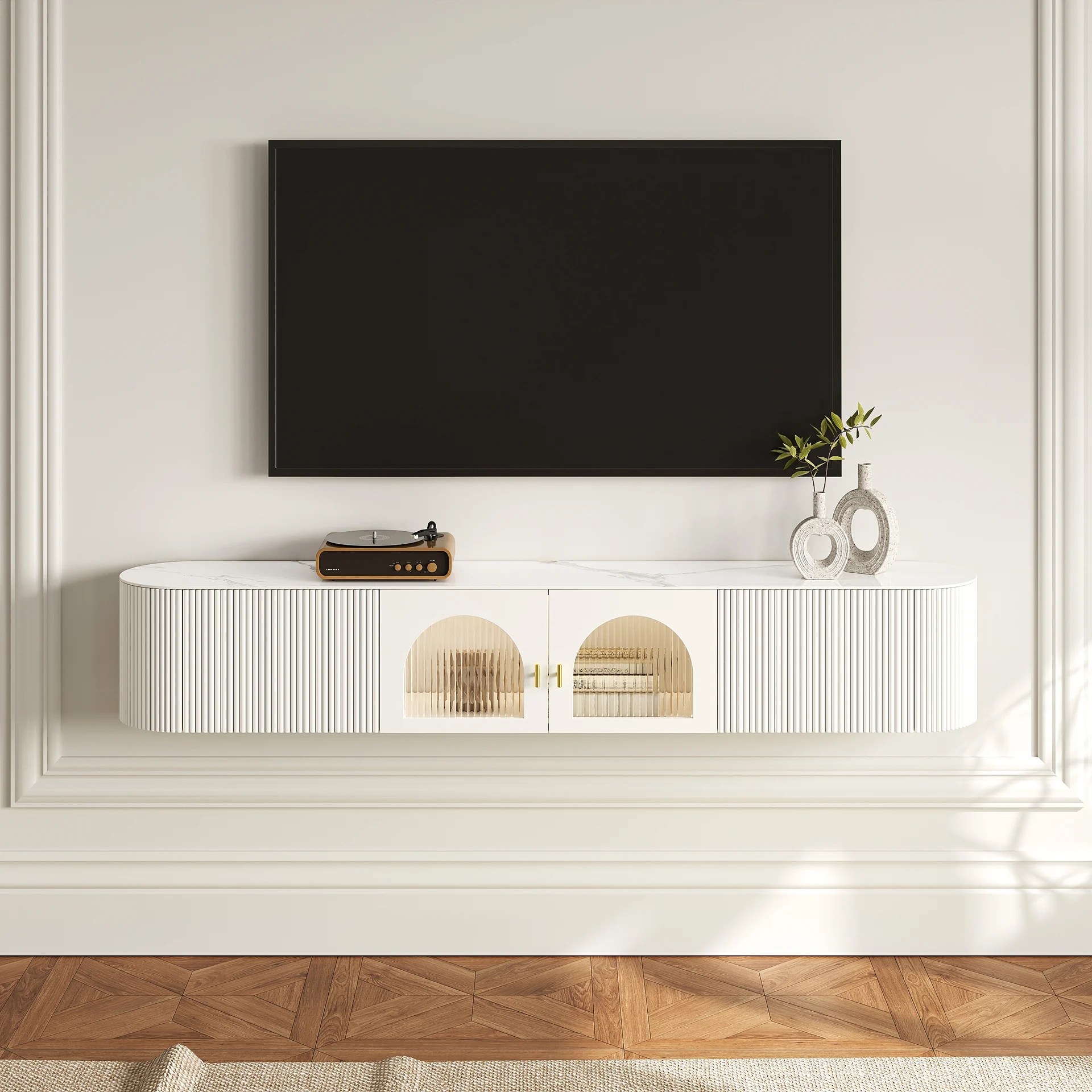 White Sintered Stone Floating Wall-Mounted TV Stand