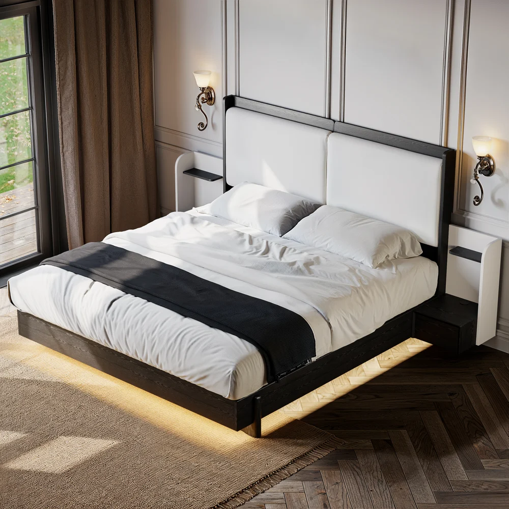 King Solid Wood Bed with Leather Extended Headboard