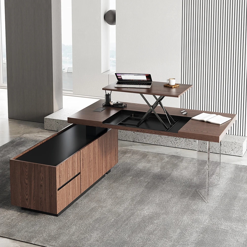 Modern Walnut Standing L-Shape Executive Desk with Side Cabinet