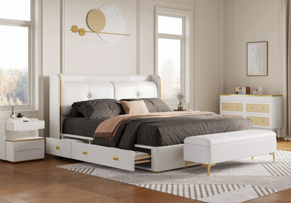 King Size Leather Wingback Bed with Drawers
