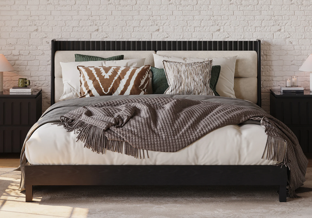 Modern Walnut King Size Solid Wood Bed with Boucle Headboard Pillows