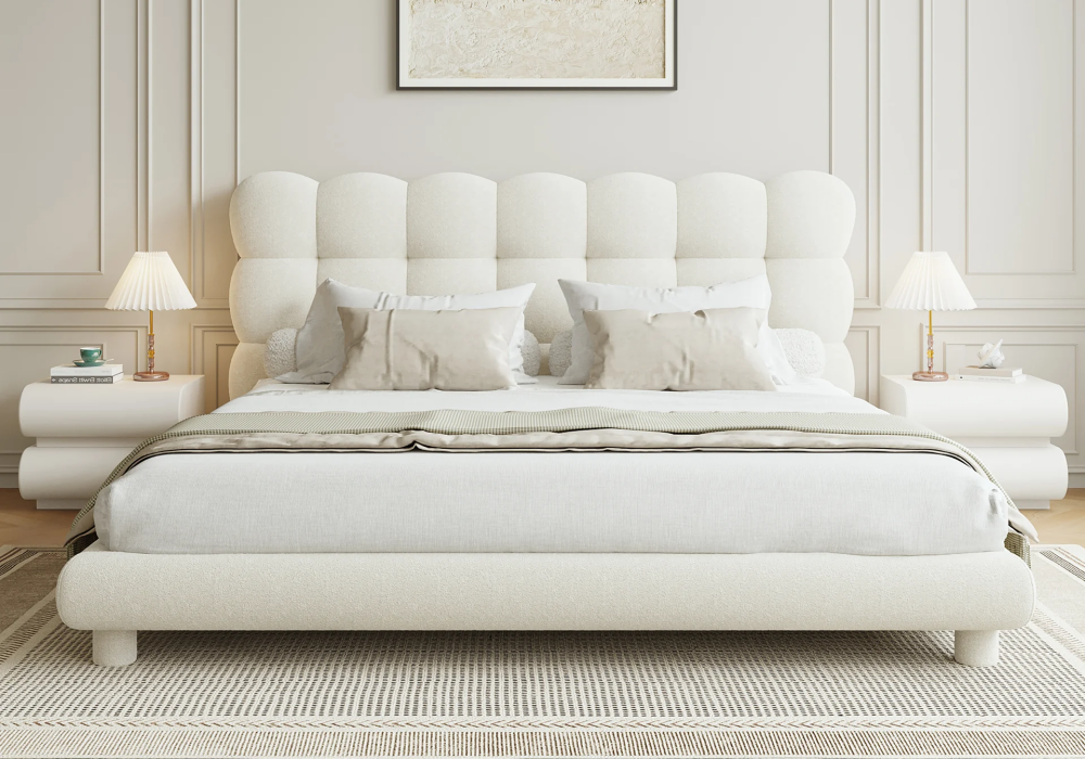 Bubbou White Boucle Upholstered Platform Bubble Queen Bed Frame