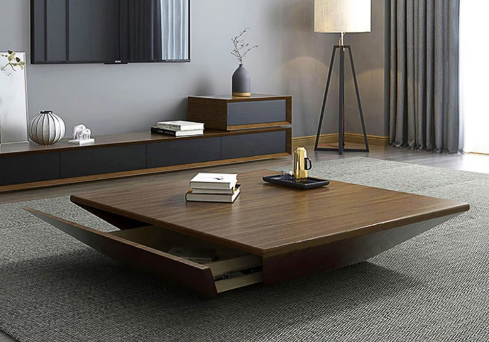 Modern Square Walnut Wood Coffee Table with Drawer