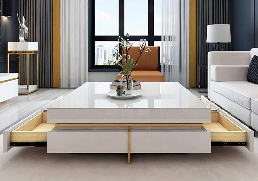Modern Square White Tempered Glass Coffee Table with 4 Drawers