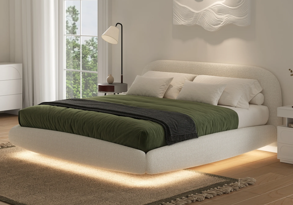Queen Size Boucle Floating Upholstered Bed with Light