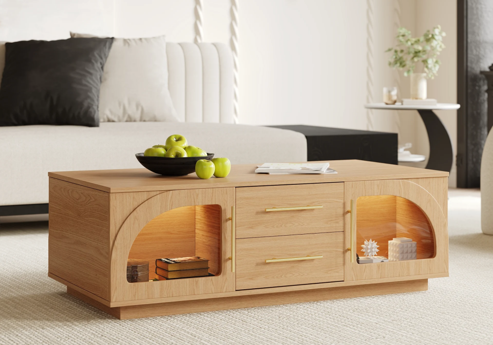 Arune Arched Glass Doors Coffee Table with Storage and LED
