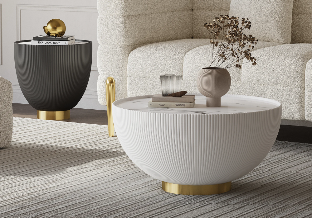 Modern Round Beige & Gray Sintered Stone Leather Drum Coffee Table Set