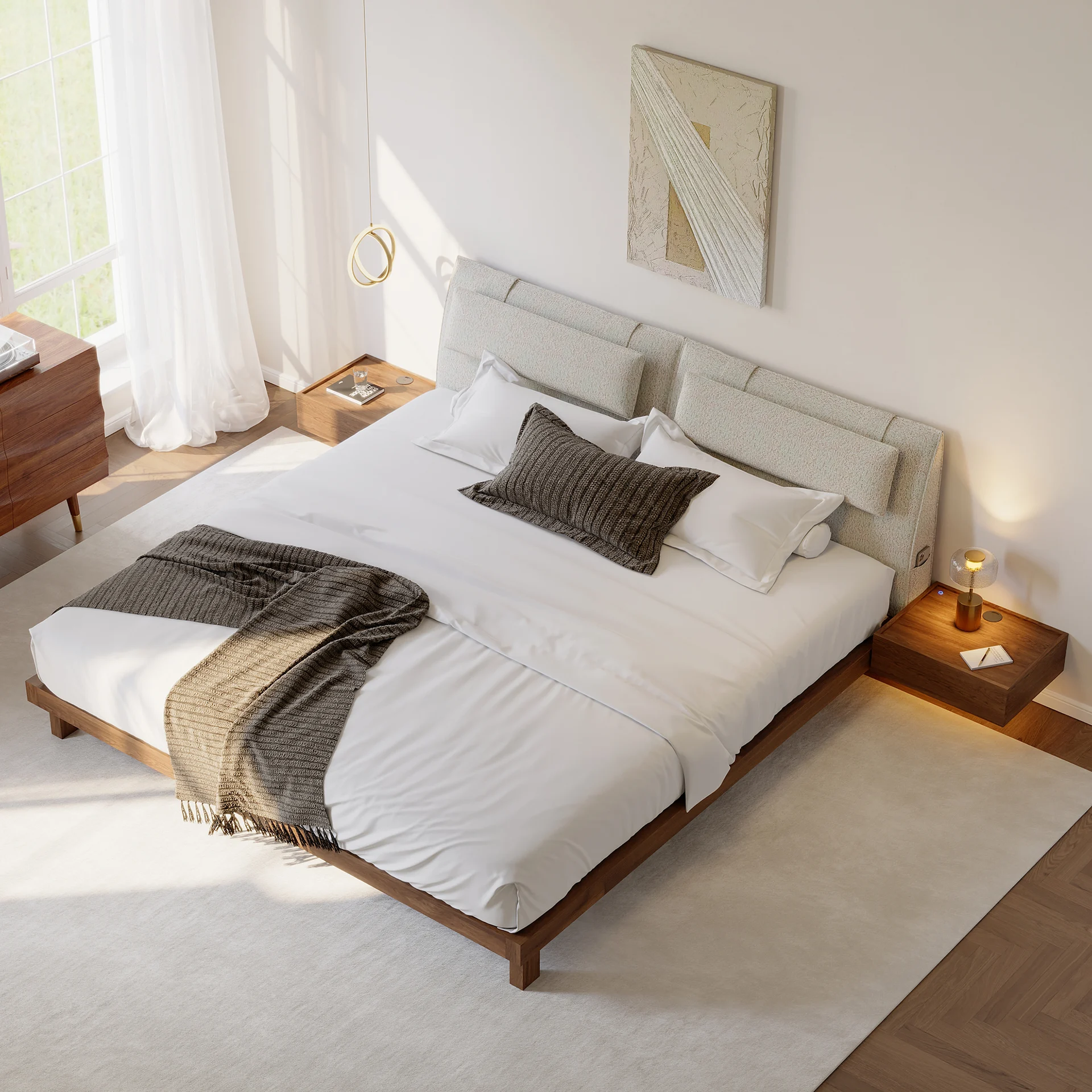 Walnut Queen Size Wood Platform Bed with Headboard
