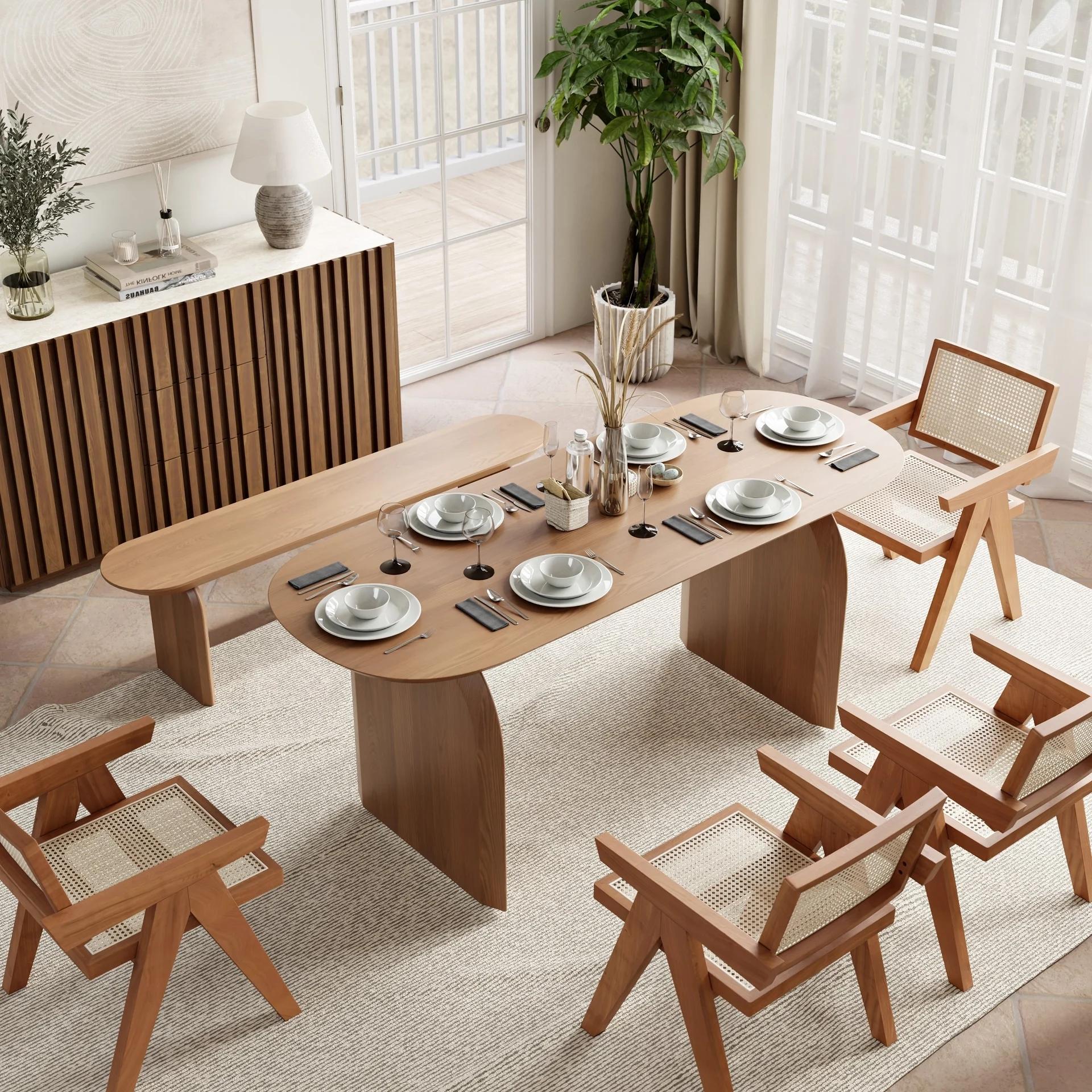 Japandi Style Oval Wood Dining Table Walnut Seats