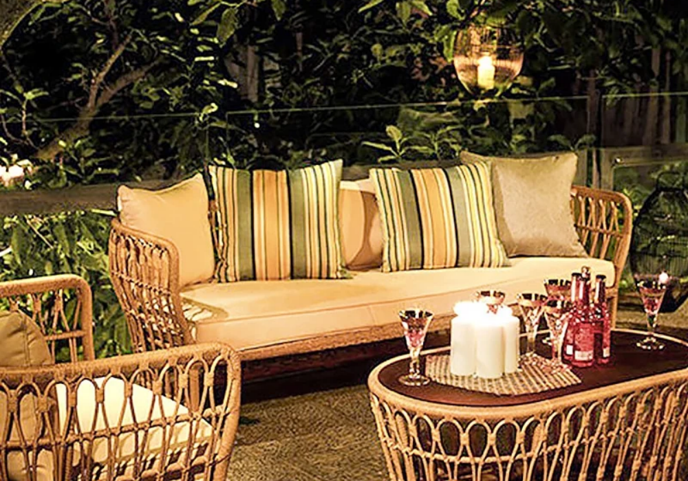Boho Natural Color Rattan Sofa Square Arm with Cushion Pillow