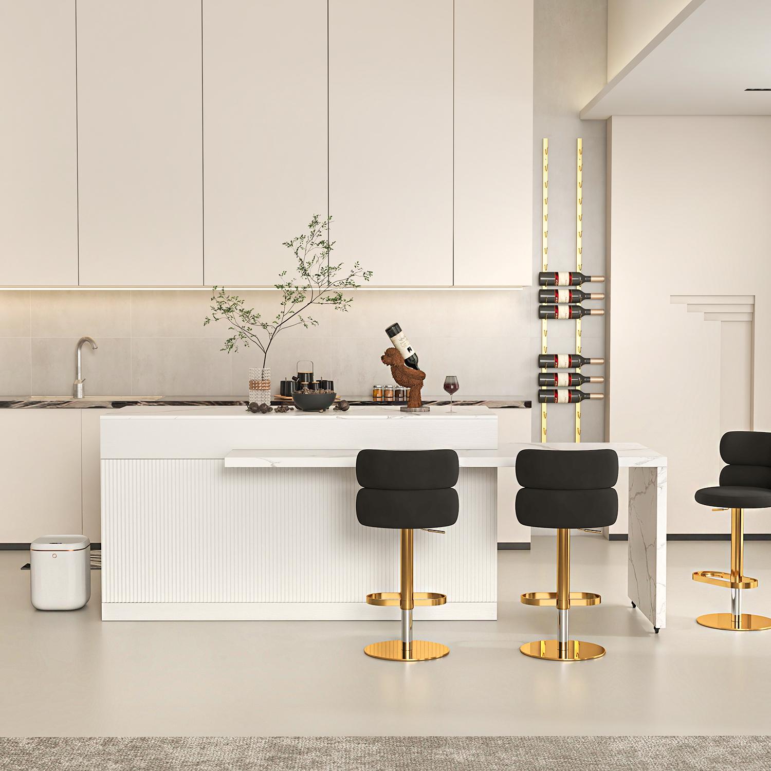 Îlot central de cuisine moderne extensible 205-268 cm avec plateau effet marbre blanc et rangement image de fenêtre