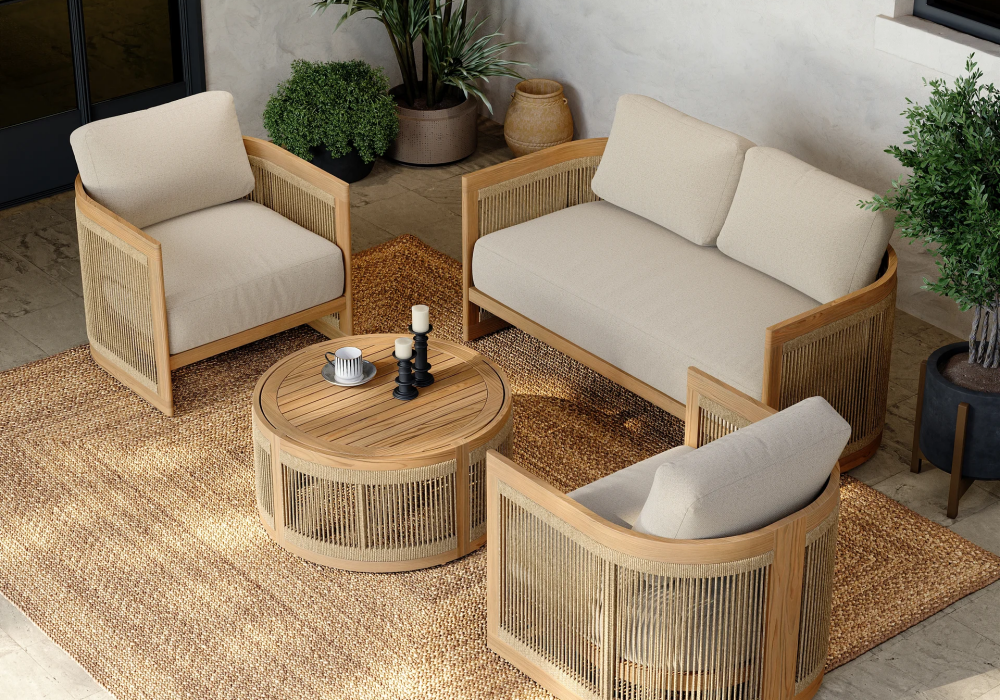 Boheva 4-Piece Outdoor Teak & Rope Weave Sofa Set with Coffee Table for 4