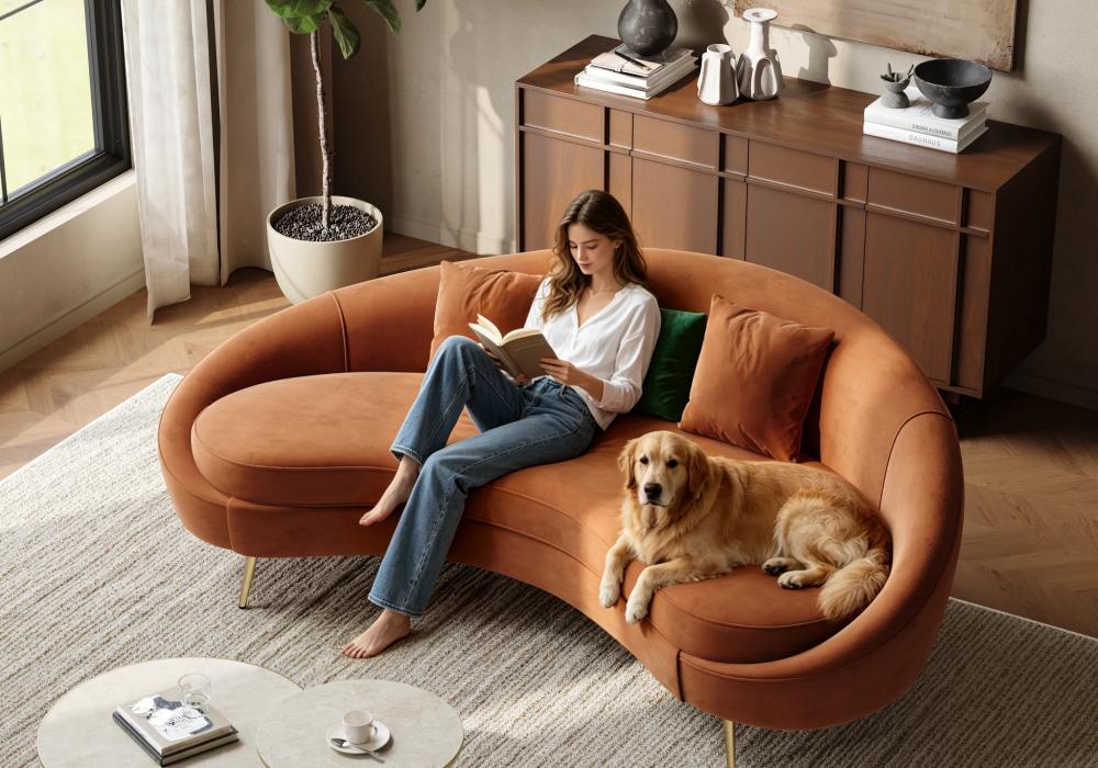 Modern Orange Velvet Upholstered Large 3-Seater Curved Sofa