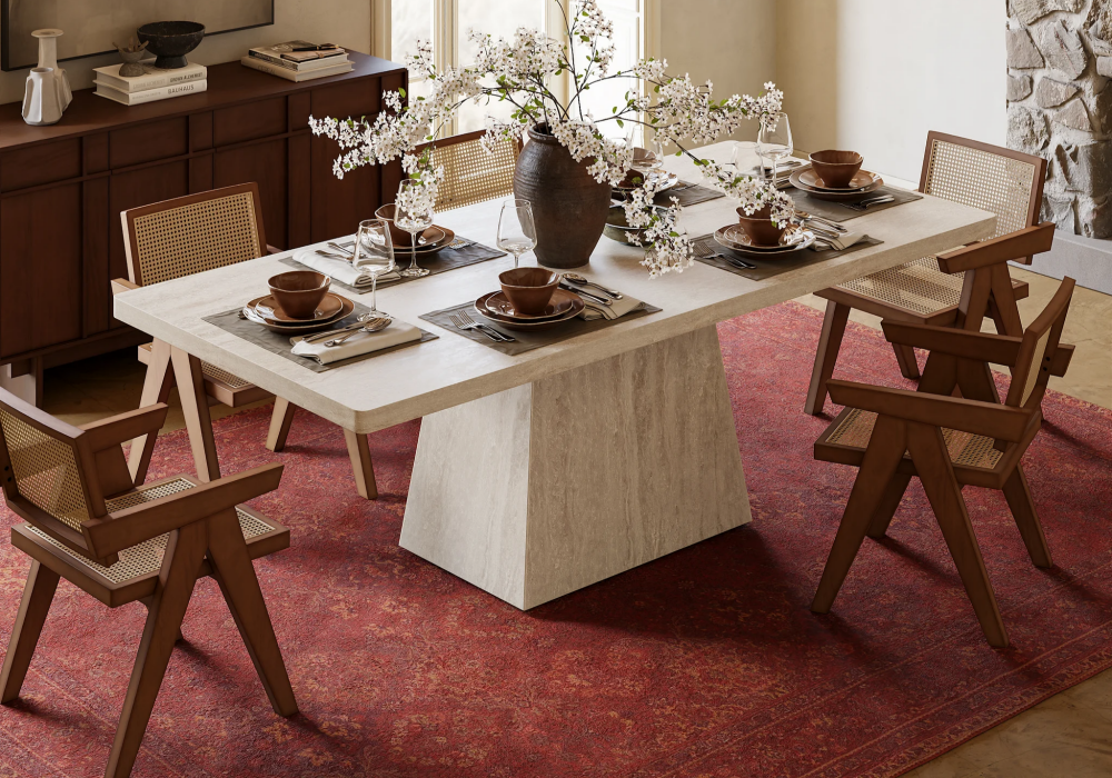 Dining Set 79" Faux Travertine Dining Table with 6 Chairs