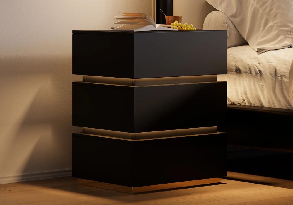 Lumio Black 3-Drawer LED Nightstand with Charging Station