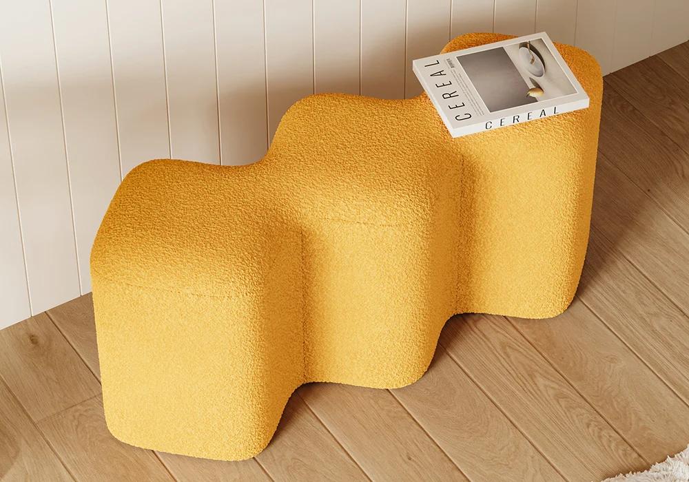 Modern Yellow Entryway Bench Boucle Upholstered Molecule Ottoman Wooden Frame